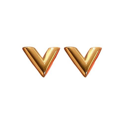 Gold titanium steel V-shaped earrings and necklace set, fashionable, simple and versatile metal style earrings, personalized design jewelry