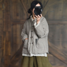 4110 原创自制色织条纹亚麻中式盘扣夹棉短外套 国风复古女式棉衣