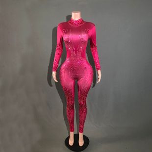 Hot selling Q034 sexy European and American nightclub women's Amazon hot drilling new fancy hot drilling mesh perspective jumpsuit