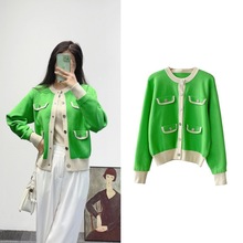 跨境女装秋冬法式时尚撞色毛衣外套圆领撞色修身长袖上衣针织开衫