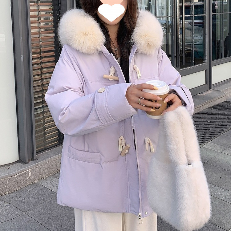 牛角扣羽绒棉服女冬季2025新款韩版宽松棉衣毛领加厚面包棉袄外套