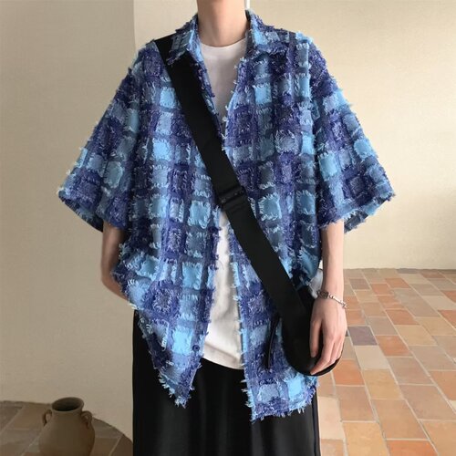 Edge-bleached plaid patchwork short-sleeve tie-dye shawl collar jacket outerwear cool stylish men fringe short-sleeve vibe-style luxury shirt
