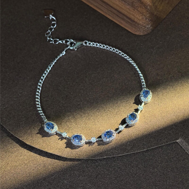 New S925 Silver Inlaid Natural Sapphire Bracelet Blue Healing Fashion Versatile Design for Women