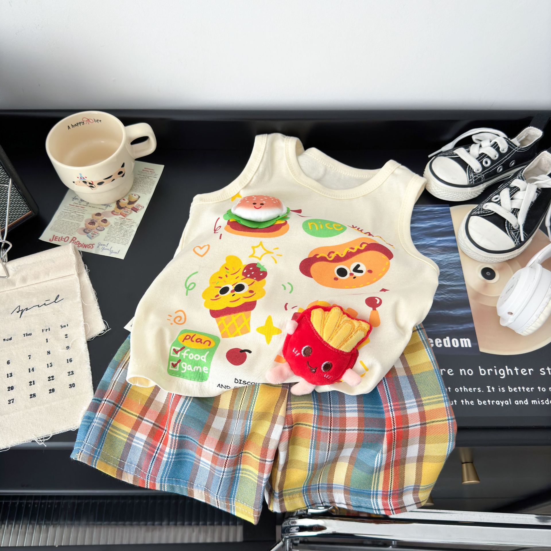 Children's Vest Suit for Men and Women, Summer Thin Vest Shorts Two-Piece Set, Baby Burger Fries, Cute Summer Clothes