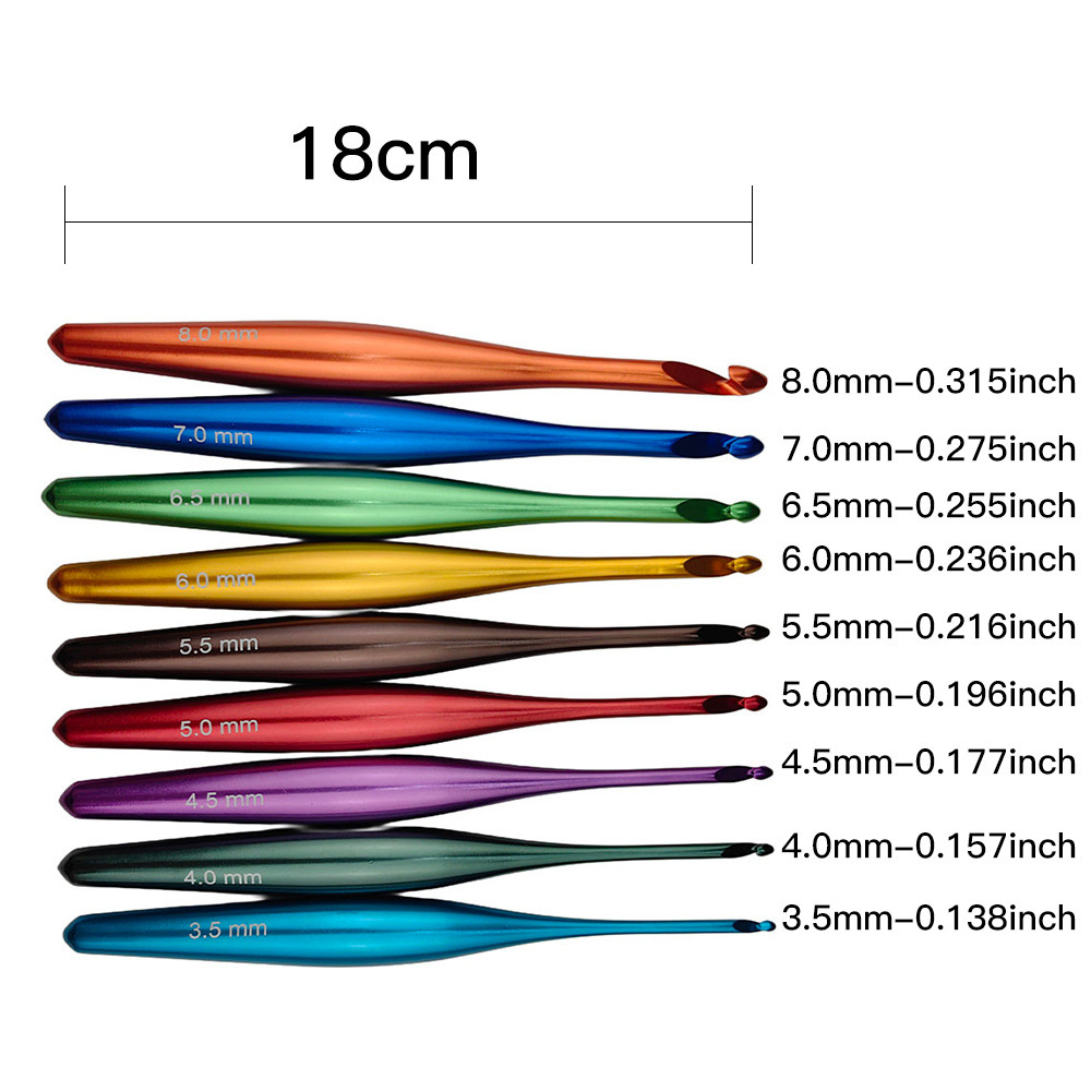 Agujas de suéter transfronterizas pulidas a mano agujas de alúmina coloridas un conjunto de aguja de crochet de 9 piezas