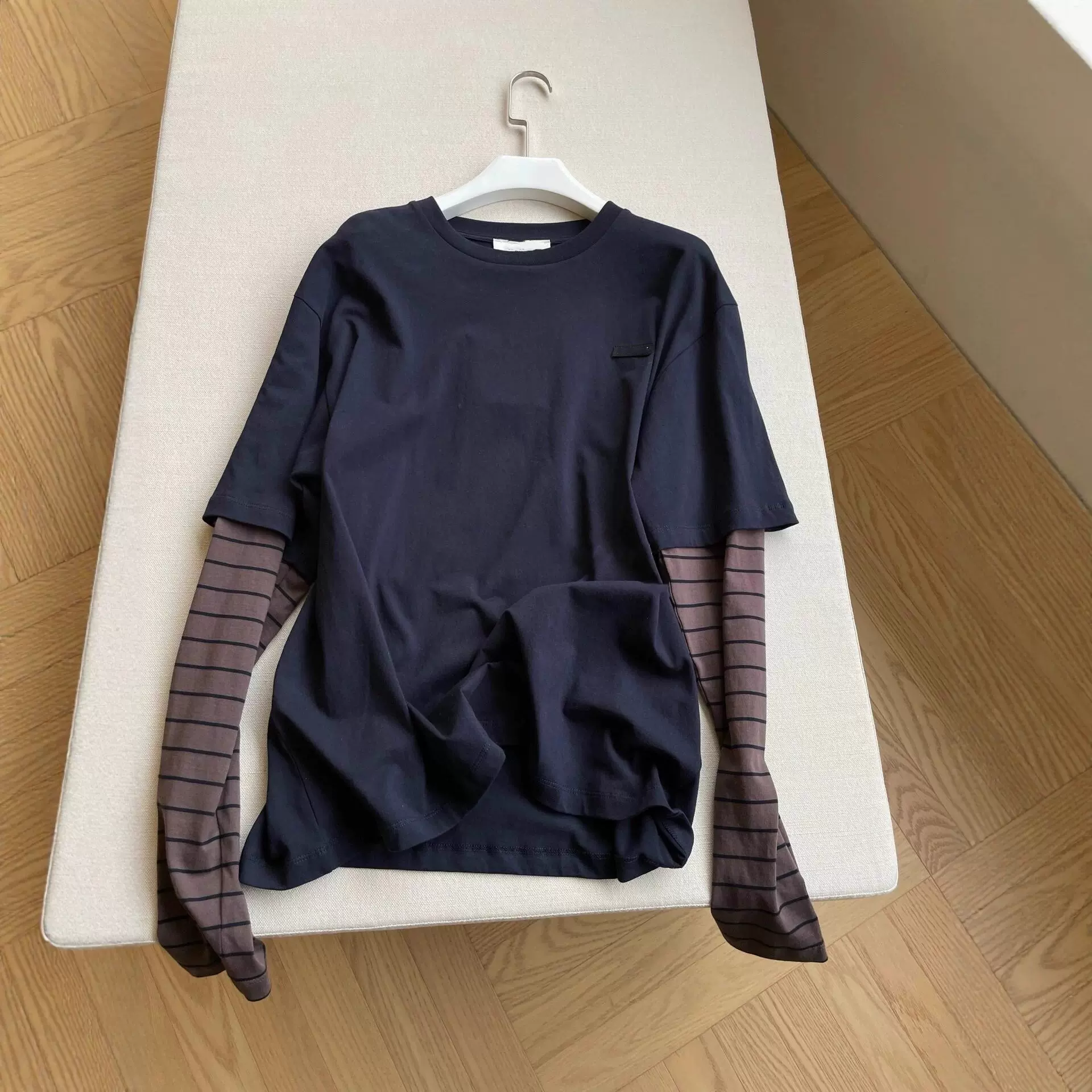 25秋季小众潮牌高品质撞色条纹时髦复古假两件圆领长袖T恤男女款