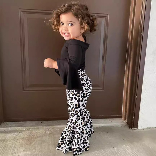 US/EU Cross-border Autumn New Girl's Ins Black Bell Sleeve Top + Leopard Print Pants Children's Two-Piece Set