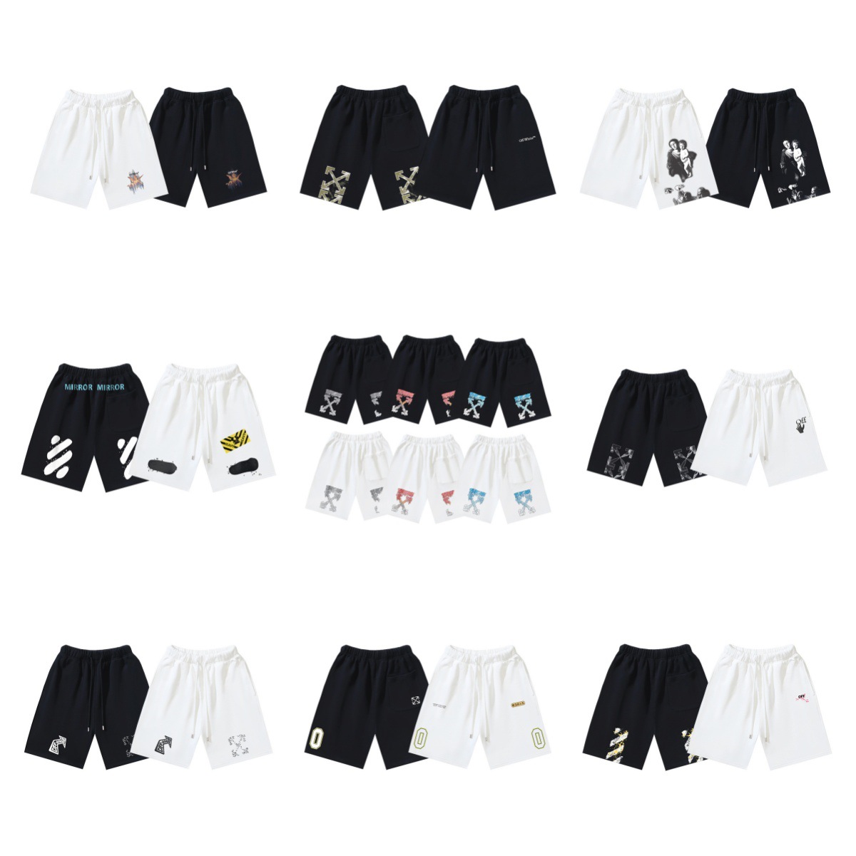 OFF-OW Summer Casual Shorts for Men and Women, Arrow Letter Graffiti Print, Wholesale, 450g (Export Stock)
