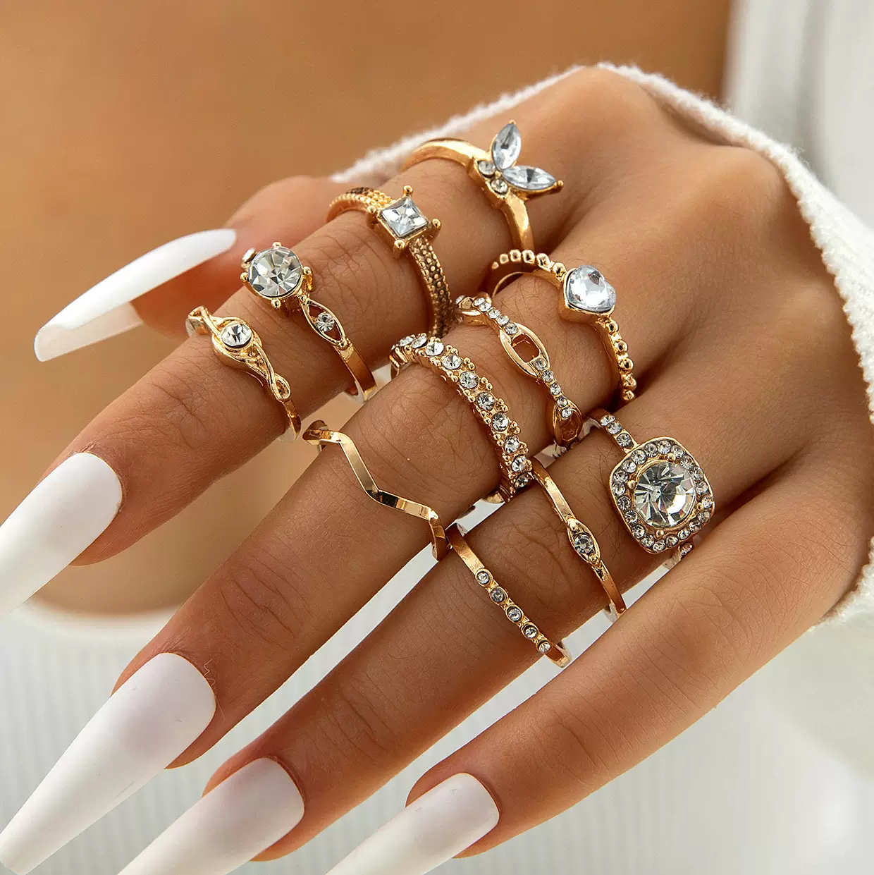 欧美跨境饰品轻奢简约镶宝石戒指 时尚百搭爱心蝴蝶水滴戒指套装