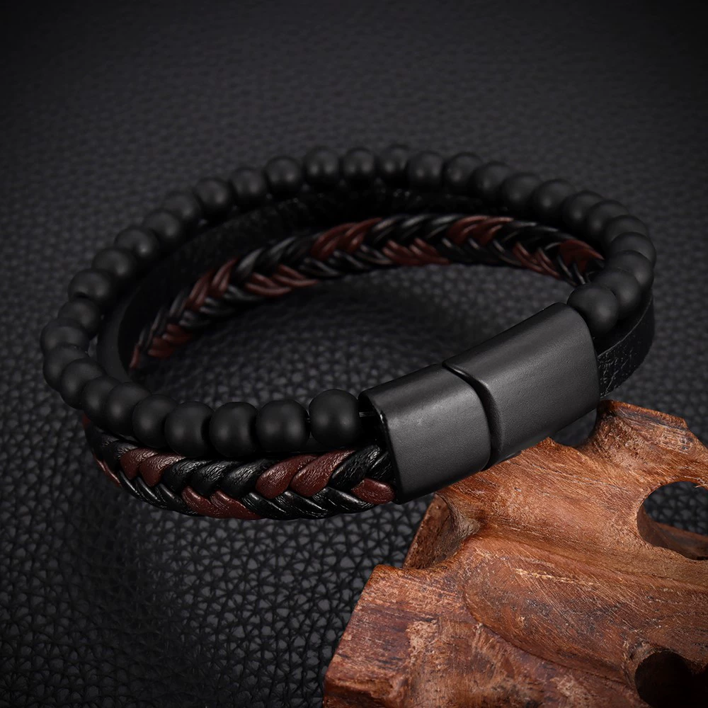 TEMU hot -selling cross -border natural stone volcanic stone bracelet Multi -layer men's leather bracelet