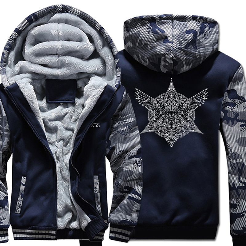 Cross-border Trade Winter Viking Printing fleece-lined Zipper Hoodie Thickened Camouflage Long-sleeved Zipper Hooded Top