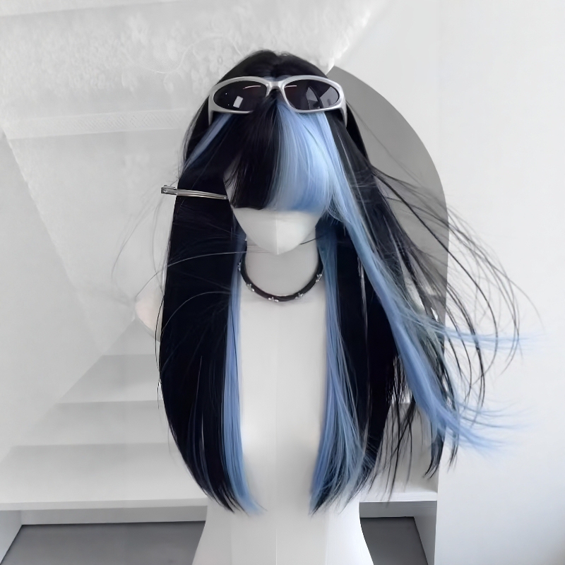 Full Wig for Women with Bangs, Black and Blue Highlights, Long Straight Hair, New Anime Cosplay Bangs, Sweet and Cool Wig Set Full Wig for Women with Bangs, Black and Blue Highlights, Long Straight Hair, New Anime Cosplay Bangs, Sweet and Cool Wig Set