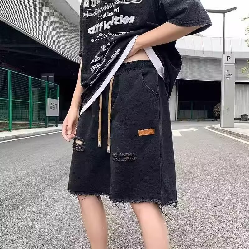 破洞牛仔短裤男夏季美式复古毛边设计感裤子高街潮牌宽松五分中裤