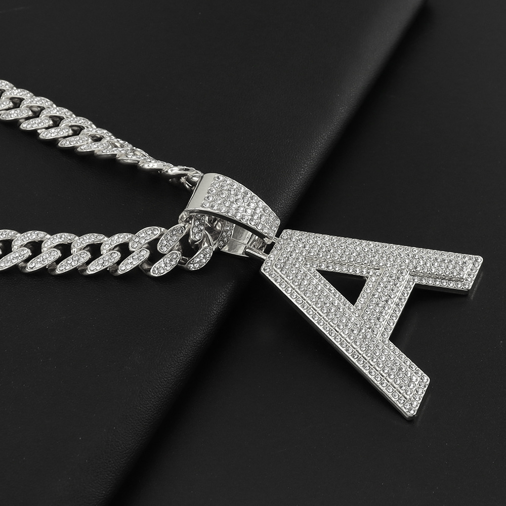 Letter Pattern Full Diamond Capital English Letter A Pendant Cuban Link Chain Necklace Men's Cool Hip Hop Style Disco Hip Hop Clavicle Chain