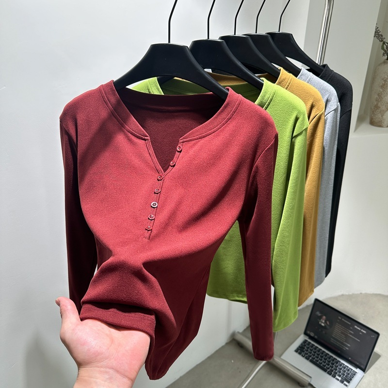 Design-Inspired Nano-Fleece Niche Long-Sleeve T-Shirt for Women, New Autumn and Winter Thickened Inner Wear, Slimming Versatile Button-Up Top