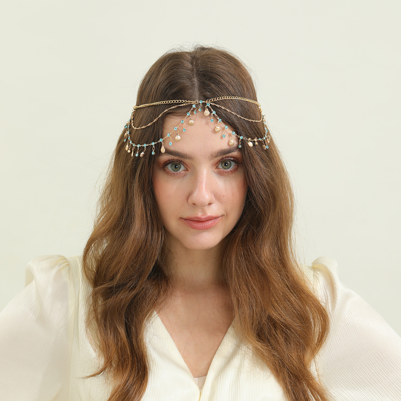European and American Cross-Border Simple and Sweet Diamond-Encrusted Shell Multi-Layer Tassel Hair Accessories for Women Handmade Chain Rhinestone Princess Head Chain Jewelry