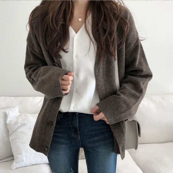 Korean style autumn and winter New pure color sweater cardigan women's fashion slimming versatile V-neck button sweater coat for women