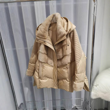 2025冬装新水貂毛领连帽羽绒服宽松大衣安哥拉中长款外套女白鹅绒