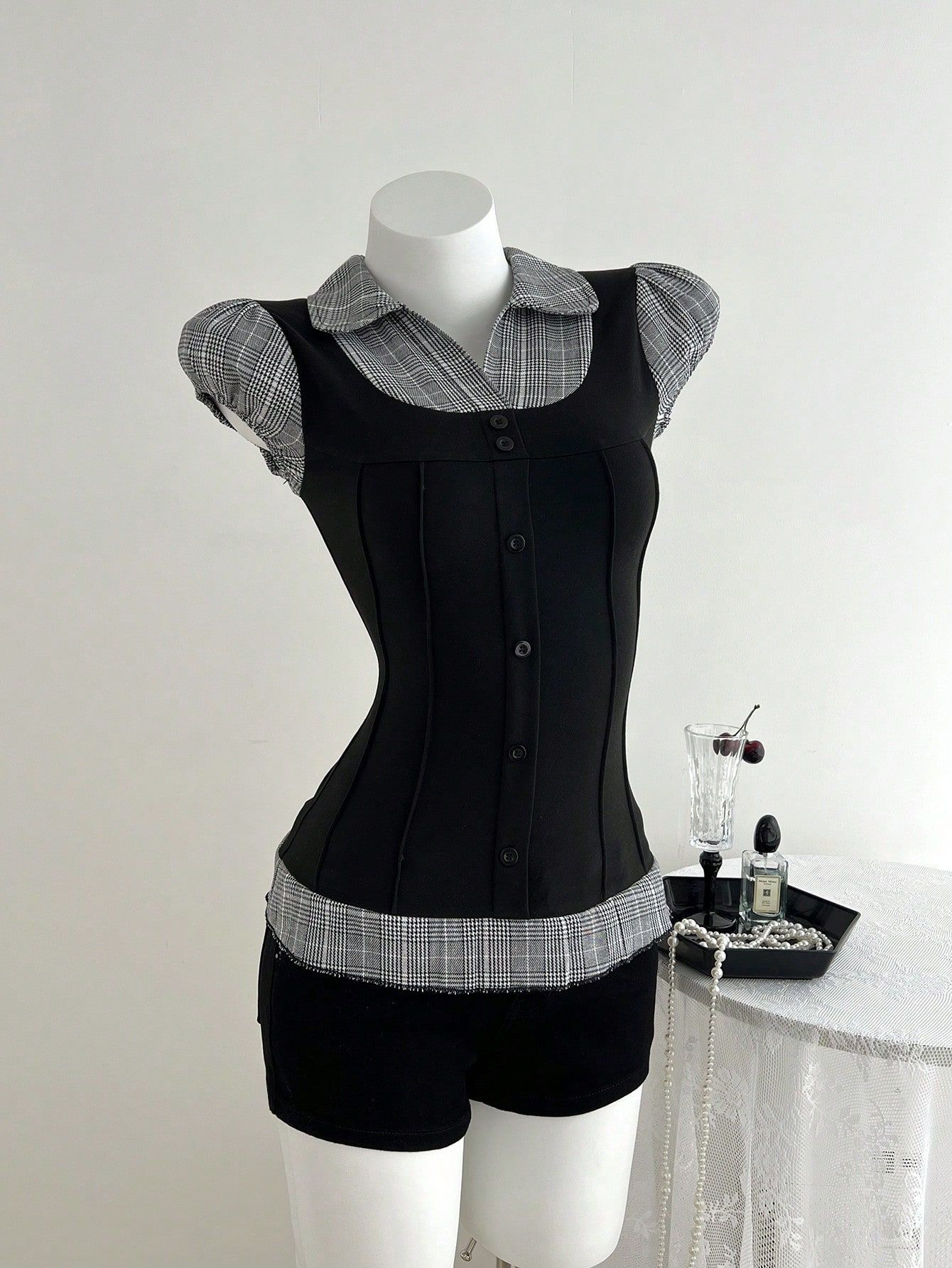 Women's Waist-Defining Plaid Contrast False Two-Layer T-Shirt - Slim Fit Casual Top With Color Block Design_ecoleips.com