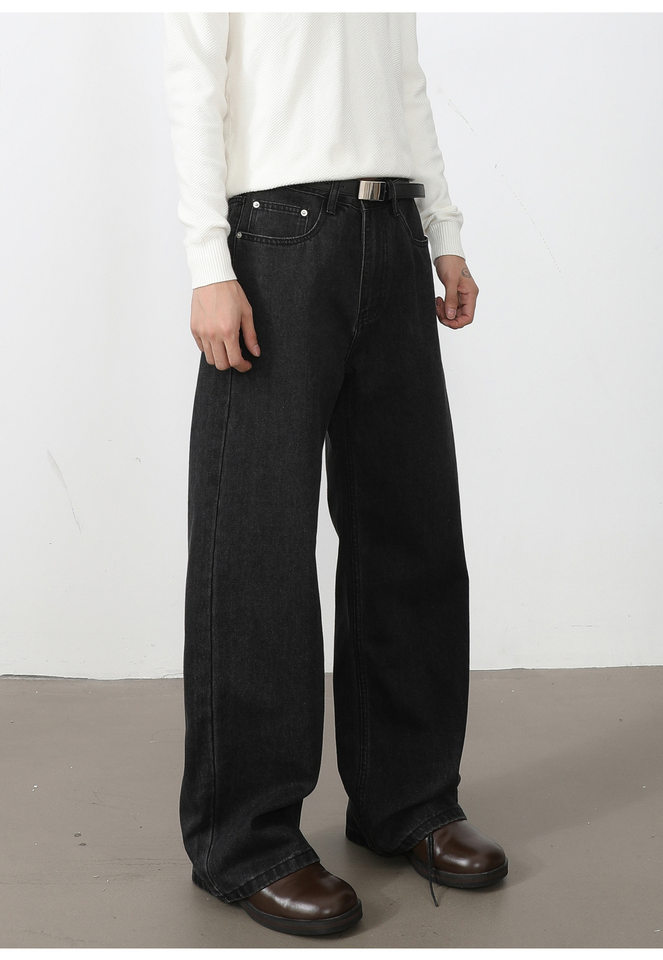 Quần jean nam ống rộng dáng suông thoải mái kiểu Mỹ, vải denim xử lý giặt mài, lưng trung, dài quần — Xanh da trờicolor, Xám đen, màu xám nhạt chi tiết 23