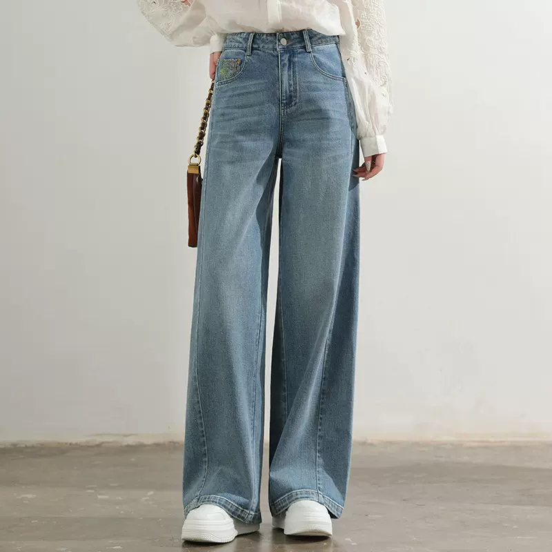 厂家直销新款蓝色阔腿弯刀牛仔裤女显瘦宽松垂感口袋撞色刺绣拼接