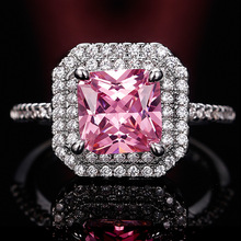 欧美高端群镶立方氧化锆戒指 奢华女款粉色方形锆石指环手饰F1428