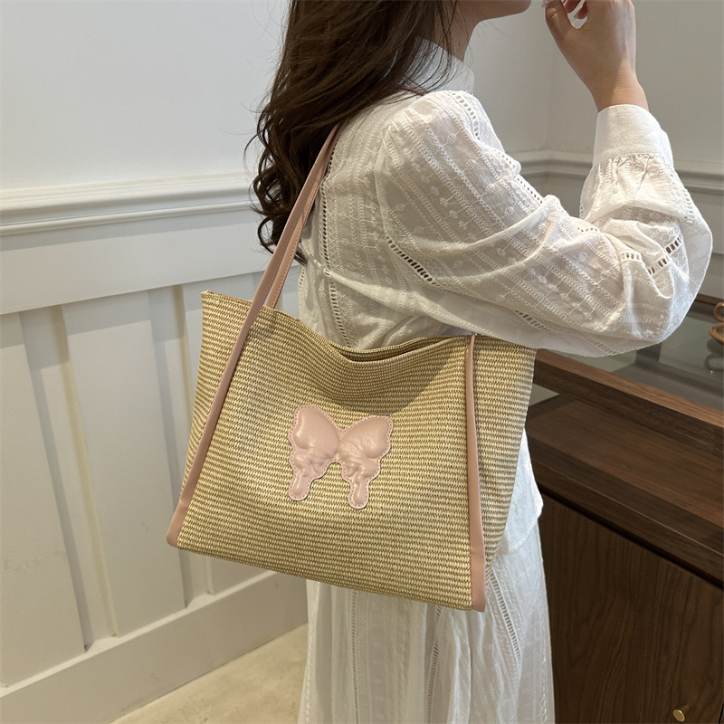 Bolsa de paja de gran capacidad para mujeres 2024 nueva mariposa de verano bolsa de viaje bolsa de tela bolsa de color contraste bolsa de playa