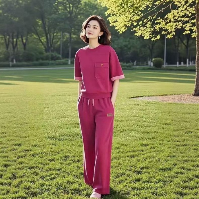 新品亚马逊欧美夏季新款时尚休闲圆领撞色玫红色显白休闲两件套装|undefined