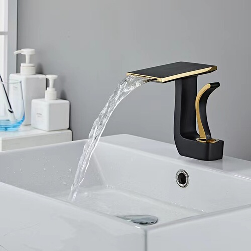 Cross-border waterfall washbasin full copper faucet cold and hot bathroom wide-mouth white and black electroplated bathroom cabinet single hole