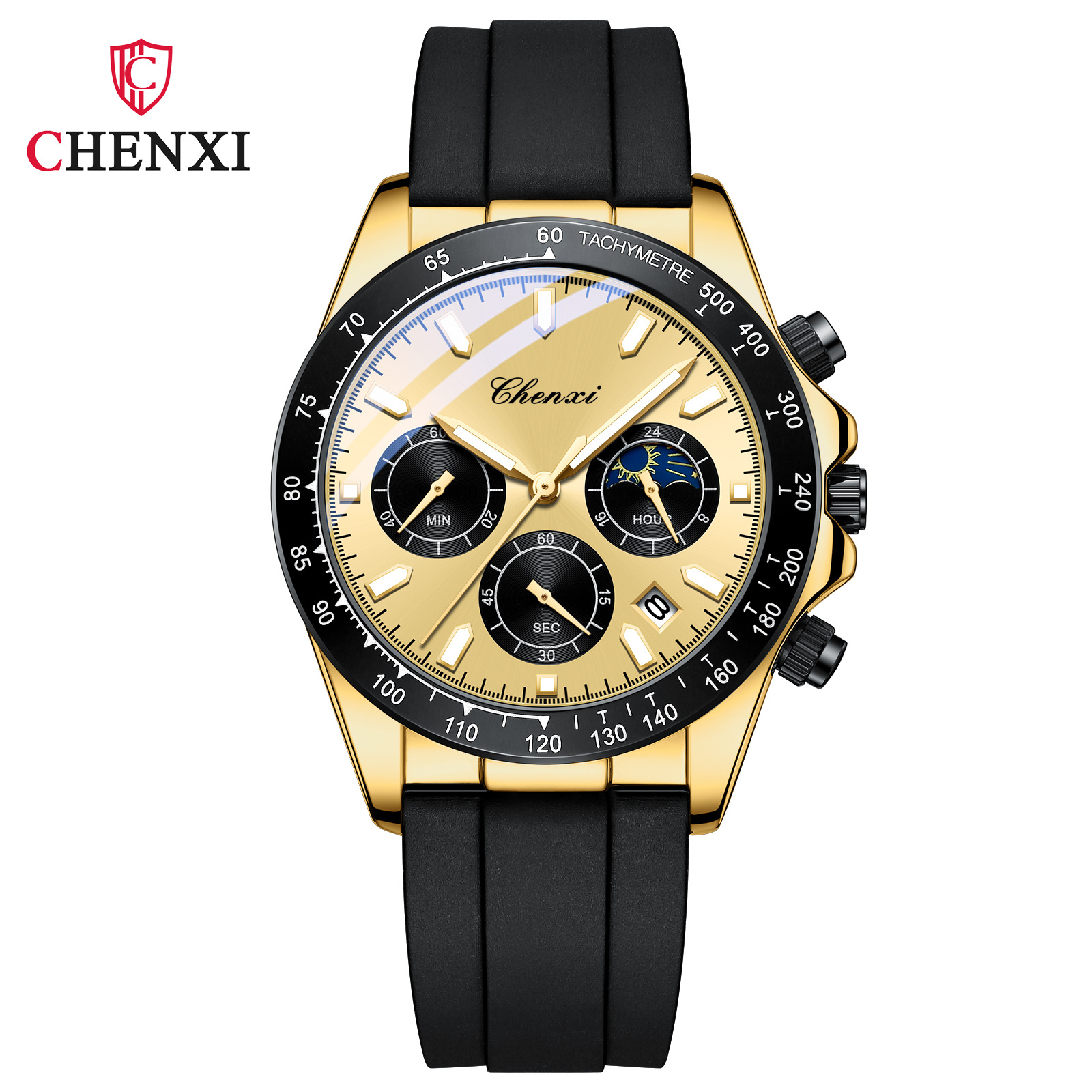 New Watch Dawn Men's Multi Functional True Three Eyes Six Needle Silicone Tape Watch Calendar Lunar Phase Timing Code Watch_voghion.com