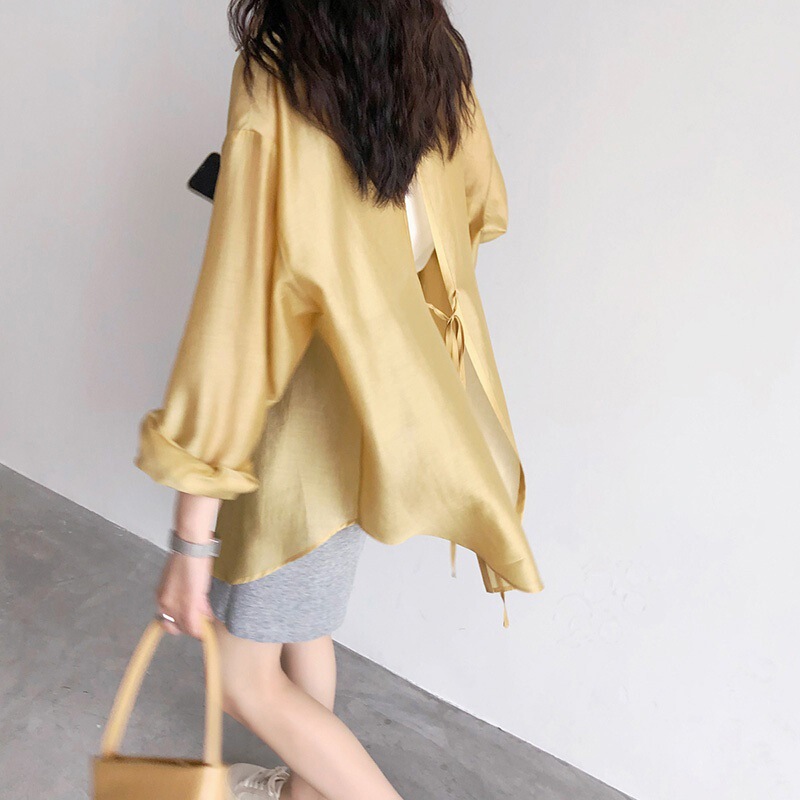 Careful machine back split lace-up highlight sun protection clothing summer new casual shirt Women's loose mid-length