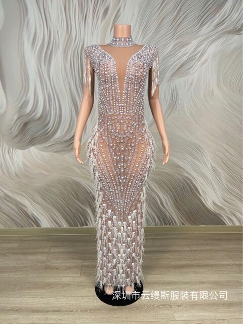 Elegant and Luxurious Pure White Pearl Sexy Deep V-Neck Strap Dress, Model Runway Special Occasion Birthday Dress