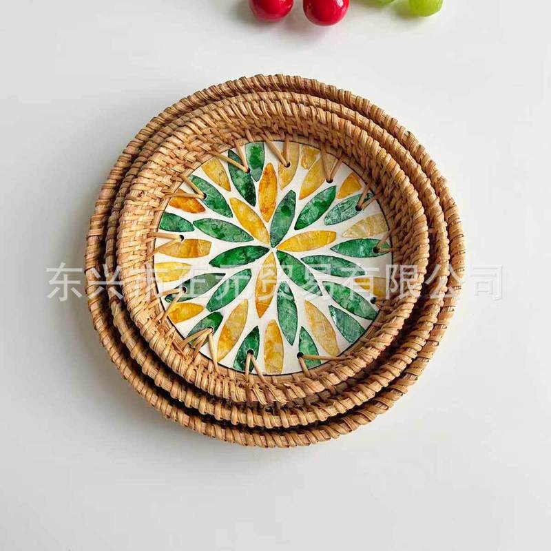 藤编贝壳托盘客厅零食收纳盘糕点茶盘圆形贝壳收纳托盘水果篮|undefined