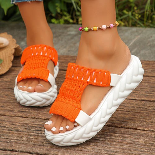 Women's Loose Fit Thick Sole Lightweight Knitted Slippers, Round Head Roman Casual Knit Shoes