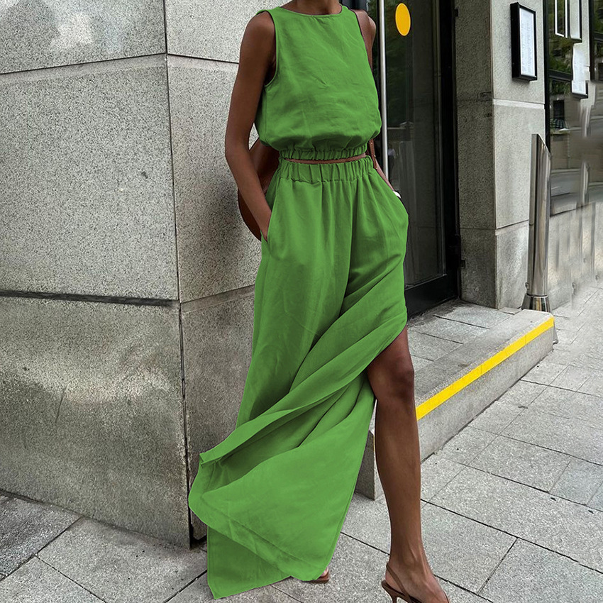 Cotton and Linen Sleeveless Vest Slit Wide-Leg Pants Pants Suit 2025 European and American Spring and Summer Casual Fashion Two-Piece Set for Women
