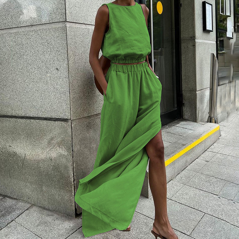 Cotton and Linen Sleeveless Vest with Slit Wide-Leg Pants Set 2026 European and American Spring/Summer Casual Fashion Two-Piece Women's Outfit Cotton and Linen Sleeveless Vest with Slit Wide-Leg Pants Set 2026 European and American Spring/Summer Casual Fashion Two-Piece Women's Outfit