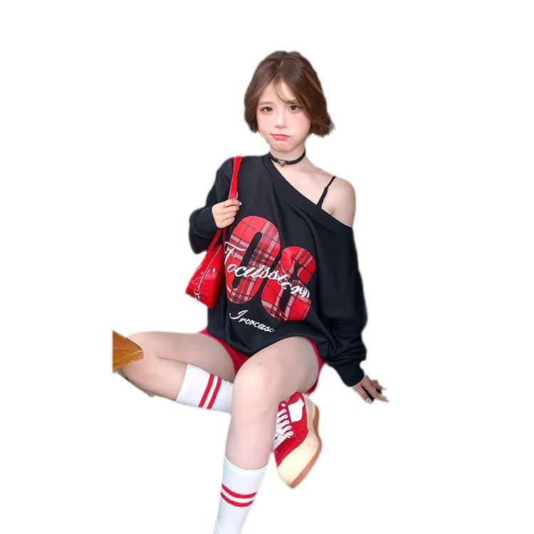 아메리칸 스타일 레트로 스파이스 소녀 한 캐릭터 칼라 크로스 숄더 땀 여성의 가을 2024 새로운 게으른 스타일 디자인 틈새