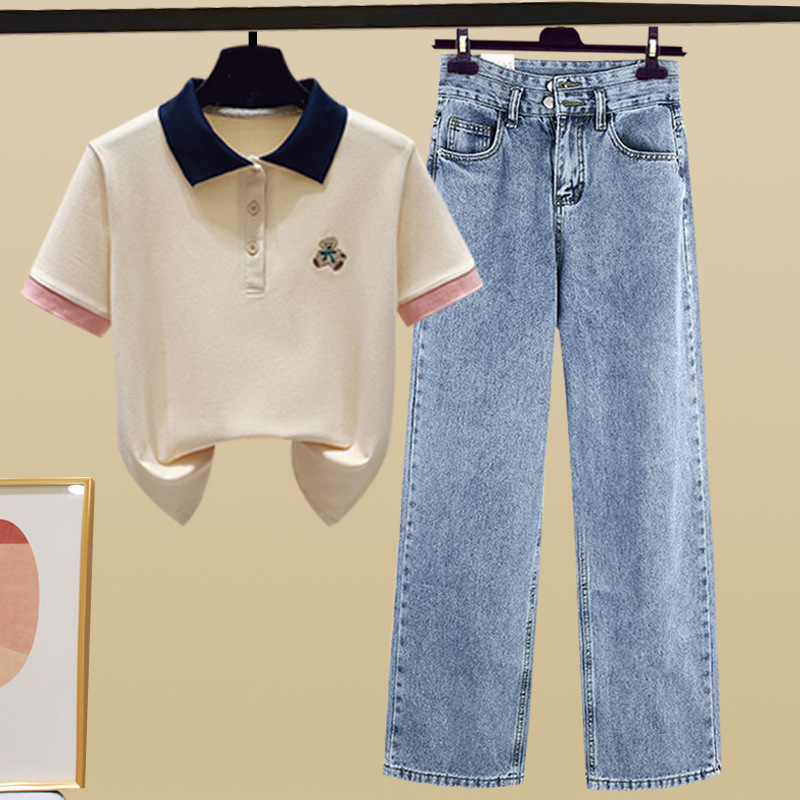 Denim suit# Polo Neck Embroidered Bear Short Sleeve Contrast Color Matching New Trousers Straight Slim Wide Leg Pants