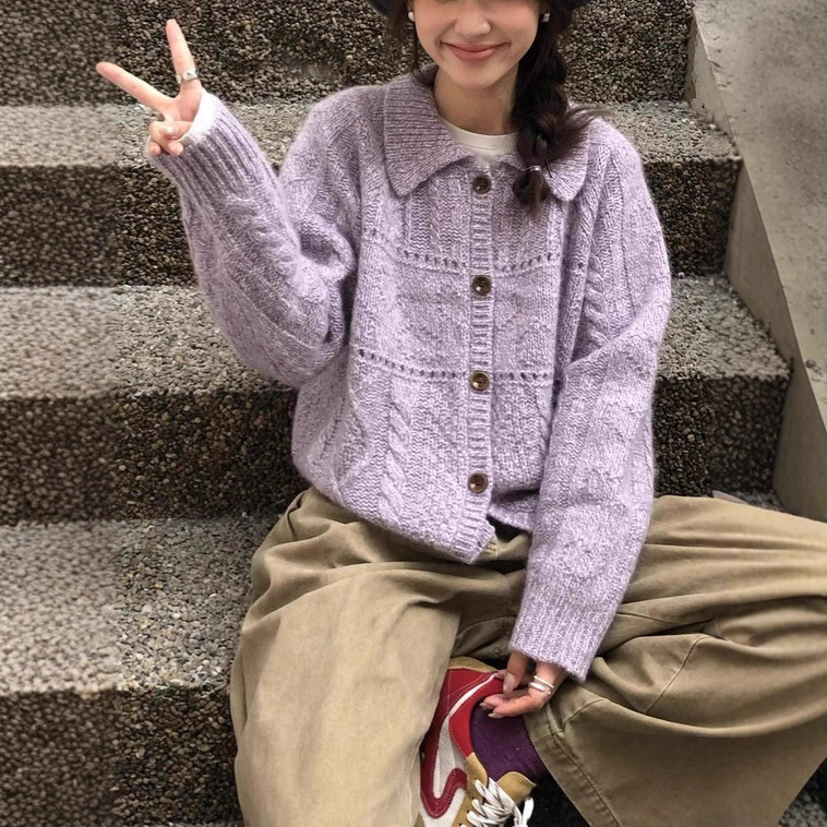 温柔风设计感纯色毛衣女开衫秋冬新款软糯宽松休闲慵懒风针织外套|undefined
