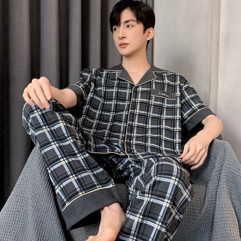 Pajamas de algodón para hombres coreanos, pantalones largos de mangas cortas de verano, ropa delgada para hombres, set de ropa exterior