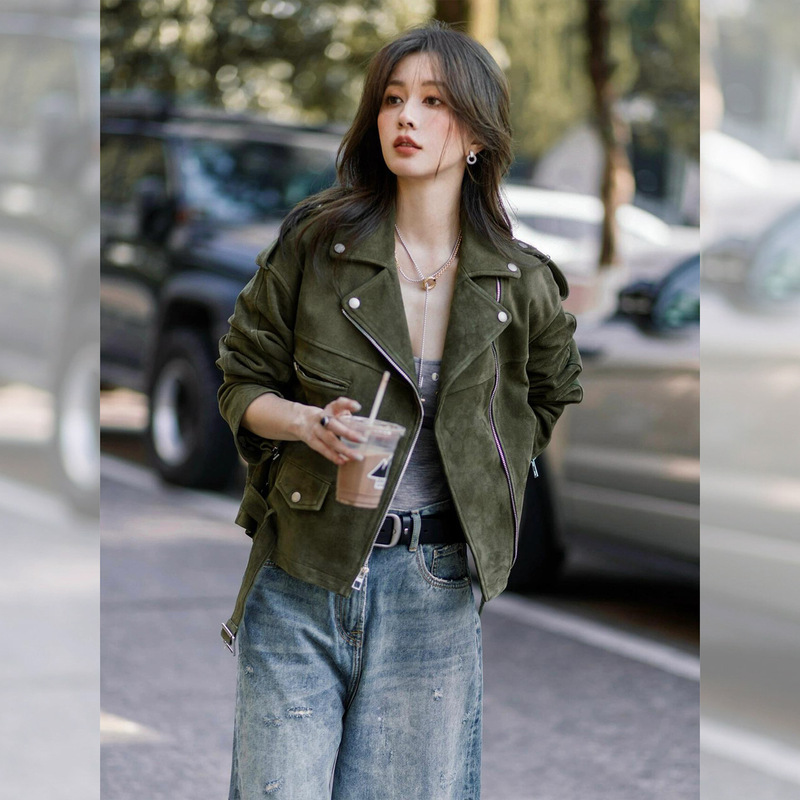 2025 New Autum Style Short Style Workwear Style Green Lapel Motorcycle Jacket for Women