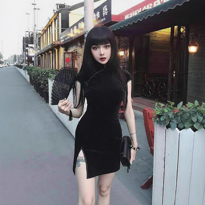 European and American style 2025 new girls cheongsam slim high collar high waist buckle sexy split short sleeve dress women