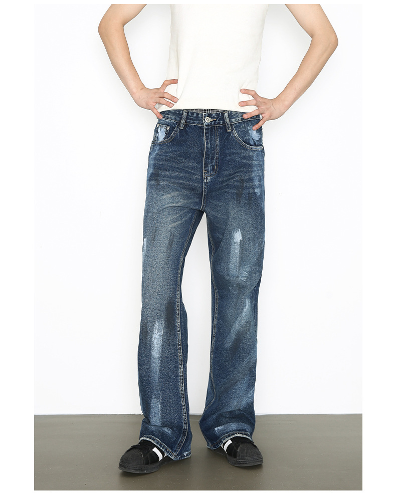 Hand-Painted American Style Straight-Leg Jeans For Men - Vintage Washed Denim Pants With Flared Hem, Comfortable Cotton Blend Fabric_mkmklike.com