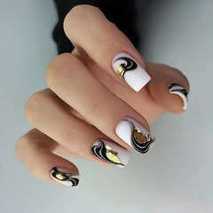 Mid-length European-style black and gold striped irregular pattern nail art, sweet and cool Instagram-style nail stickers