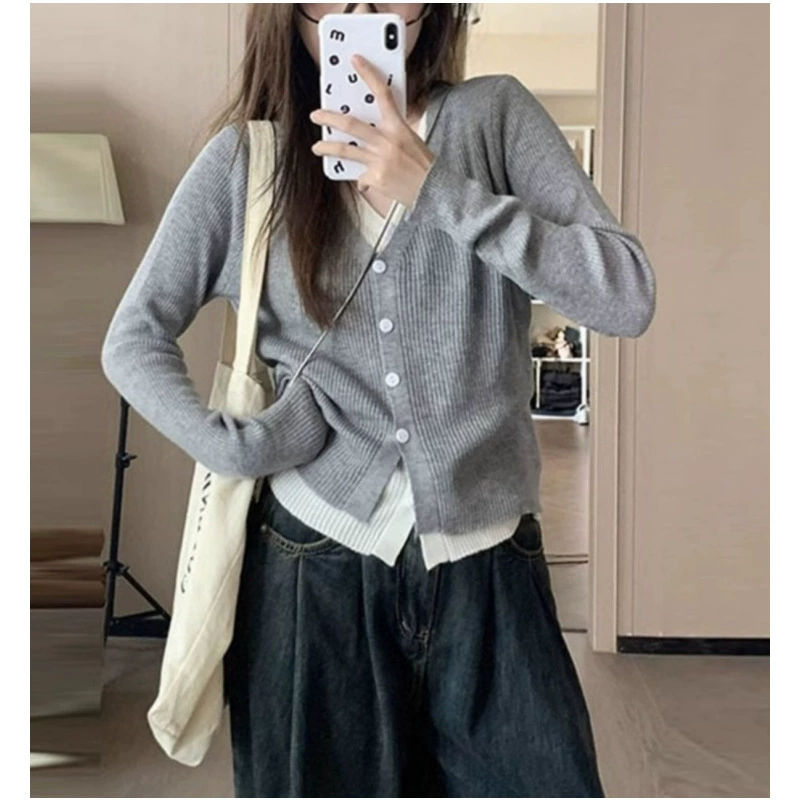 Женский вязаный кардиган KANING с V-образным вырезом, имитация двухслойного дизайна, однотонный, осень 2025, новая универсальная модель, цветной блокированный свитер