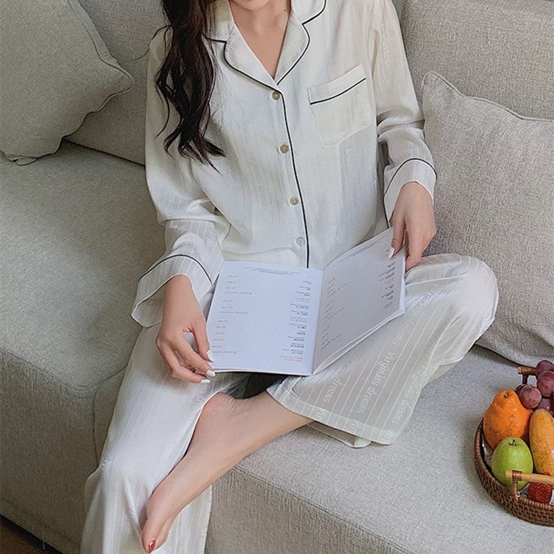Primavera y otoño nueva pareja pijamas de las mujeres simple seda artificial jacquard alto sentido en vivo streaming homewear traje hombres