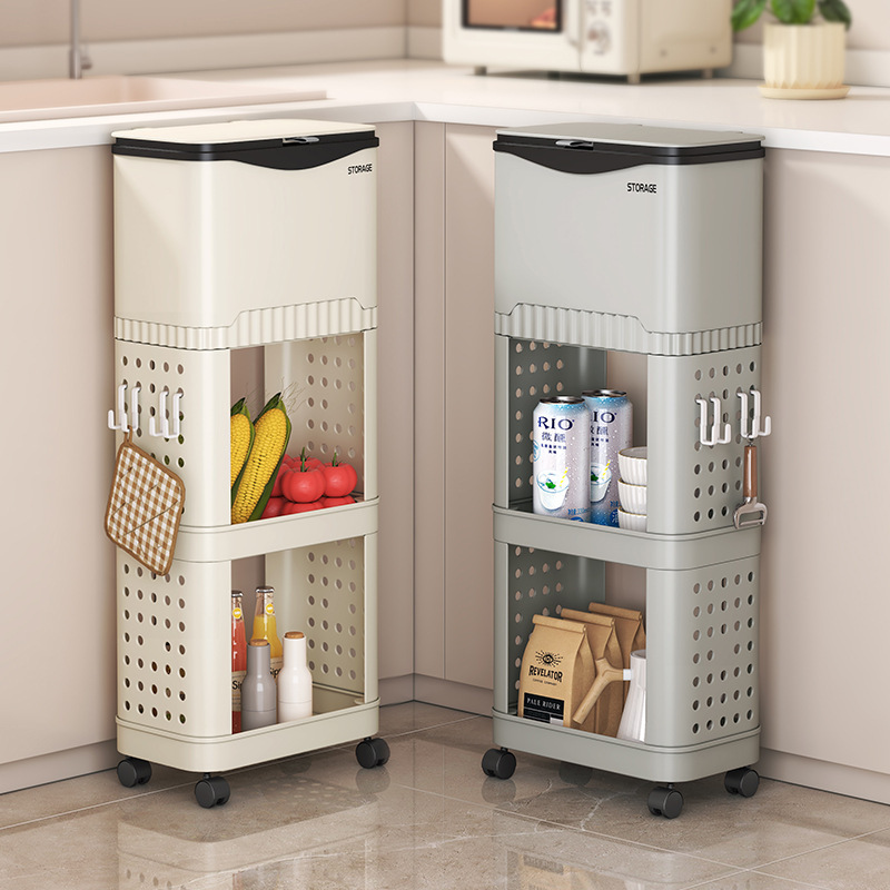 Kitchen Trash Can Storage Rack Multi-Layer Wheeled Storage Rack Large Capacity Sanitary Bucket with Lid Removable Storage Rack