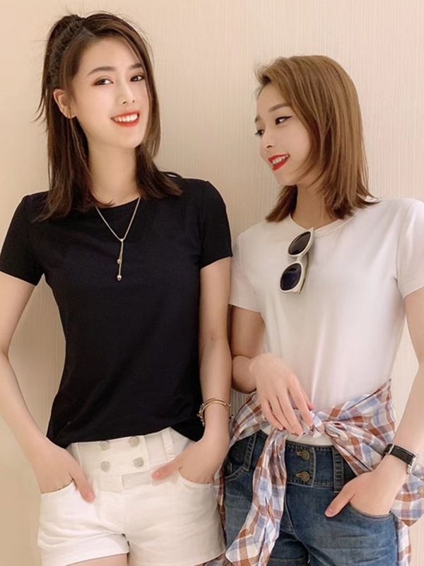 Áo thun nữ ngắn tay cổ chữ V cơ bản dễ phối tôn dáng kiểu mới mùa xuân hè — Trắng (Cổ tròn)