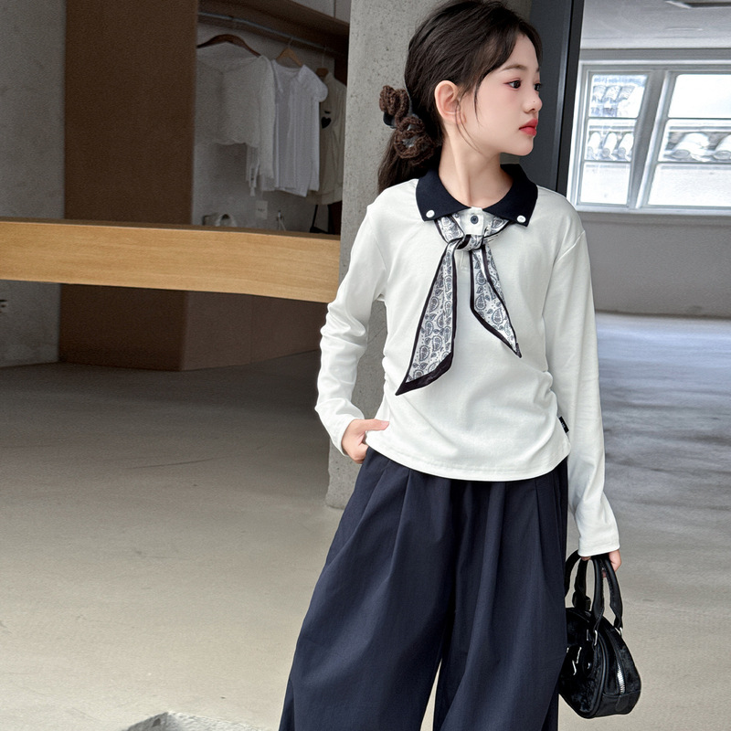 女童春秋款2025新款初中生女孩丝巾领口 T恤蕾丝花边裤休闲两件套|undefined
