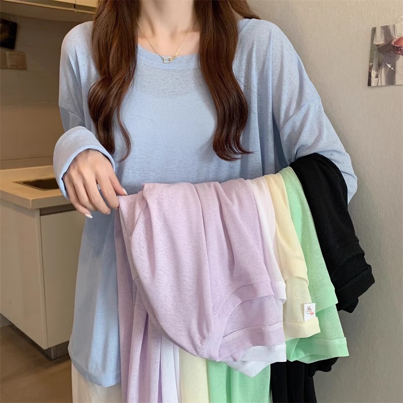 Women's Summer Thin Cover-up Ice Silk Long Sleeve Sun Protection Loose Lazy Style T-Shirt Top UPF50 Sun Protection Plus Size Design